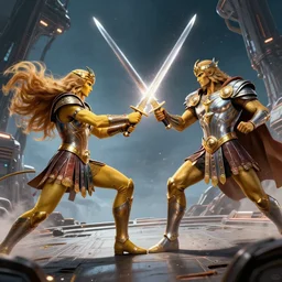 horus and the emperor dueling aboard a spacecraft, clashing swords, epic