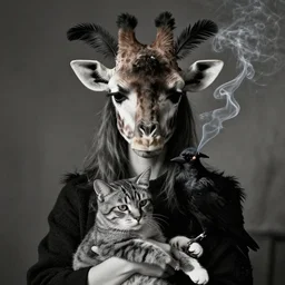 photographic portrait max ernst sad woman giraffe crow feathers face editorial cigarette smoke, holding a cat