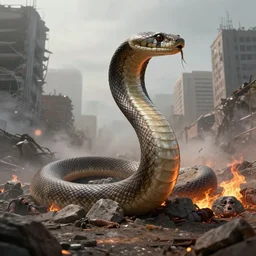 A realistic detailed photo of a giant snake in the city, rocks coming out of the ground, fire, dead peoples, destroyed city, foggy landscape, light particles, detailed light, realistic shaders, trending on artisation, detailed textures, detailed, realistic.