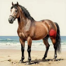 a half horse half human creature standimg on the beach,wearing red shorts,anthropomorphic,Character design by charlie bowater, ross tran, artgerm, and makoto shinkai, detailed, inked, western comic book art, 2021 award winning painting,digital art,ultra realistic,ultra detailed,art by greg rutkowski,muscular,detailed face,hyperdetailed,hyperrealistic,detailed face,photorealistic,realistic,4k