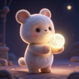 a cute stuffed animal holding the moon in it's hand, backlight, 3 d render, octane render, magical lighting, still from pizza moon keeper by pixar and dreamworks