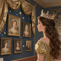 a crowned princess looking at image portraits on museum walls with stars and hanging silk drapery and tapestries, light dust, magnificent, close up, sharp focus, elegant, highly detailed, illustration, by jordan grimmer greg rutkowski wlop maya takamura, intricate, trending artstation, pixiv, digital art