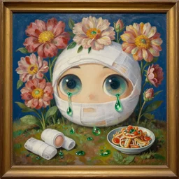 compressed flowers, morphed earth, ridiculed bandages, changed eye color, subliminal time travel, impossible food, concept love, valued at 2 million yen, museum - quality oil painting, traditional art, museum - quality oil painting. japanese artwork. mechanical green shiny tears