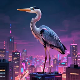 gigantic collosal heron standing above city, cinematic, neon colors, epic composition, massive scale