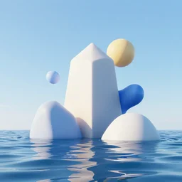 abstract 3 d geometric shapes above sea, sea line, sunny sky, vray render