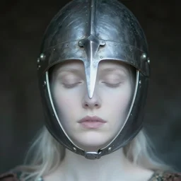 medieval helmet, out of focus!!!! photorealistic portrait of a beautiful pale woman by saul leiter, very blurry!!!!, translucent white skin, closed eyes, foggy, pale lips