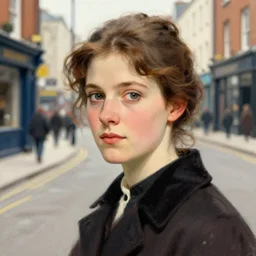 head and shoulder portrait of a young irish woman on a street in dublin. otto duecker illustration.