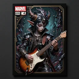 fantasy changeling kid playing electric guitar, dim light, front game card, marvel comics, dark, intricate, highly detailed, smooth, artstation, digital illustration by ruan jia and mandy jurgens and artgerm and wayne barlowe and greg rutkowski and zdislav beksinski