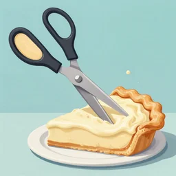illustration of a giant pair of scissors cutting a cream pie, by rutkowski