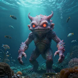 surrealistic monster on alien planet, underwater world, many fish