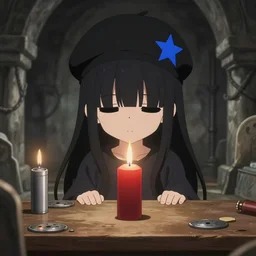 1 3 - year - old anime girl with black hair, hair over eyes, eyeless, bangs over face, wearing black beret, blue star, paris catacombs, underground catacombs, molotov cocktails, table, carpenter's table, dark shadows, sharp details, subsurface scattering, intricate details, anime, anime hd wallpaper, 2 0 1 9 anime screenshot