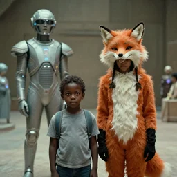 a small african boy and a girl in a fox costume, movie still from'tank girl ', afrofuturism, by jamie hewlett and sawoozer and roger ballen,