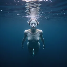a centered wide shot of an single lonely full body made water female humanoid swimming in the ocean depths,  omnious , elegant, transluscent, reflections, focus, detailed, realistic eyes, horizontal partial symmetry features proportions, intricate facial skin details, award winning, trending in cgsociety artstation deviant art, octane render