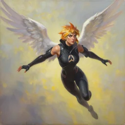 oil painting of tracer overwatch in the style of sophie anderson, flying, angel wings, black outfit,