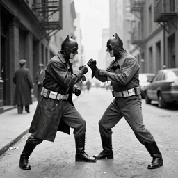 old black and white photo, 1 9 2 5, depicting batman fighting a al capone in an alley of new york city, rule of thirds, historical record