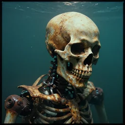 a photograph of a robot endoskeleton with a humanoid skull attached submerged and rusted in the water, cinematic, volumetric lighting, f 8 aperture, cinematic eastman 5 3 8 4 film, photorealistic by greg rutkowski, by stanley artgerm, by alphonse mucha
