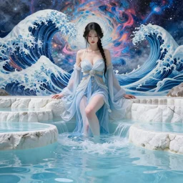 Portrait of a 20 year old Japanese Female Woman Goddess of the Multiverse, captivating, rule of thirds, majestic, set on Original modern mural of a flowy thermal waters flowing down white travertine terraces, created by James Jean, octane render, mutiversal tsunami, visually stunning, cinematic, serene, beautiful, printed on reflective chrome canvas