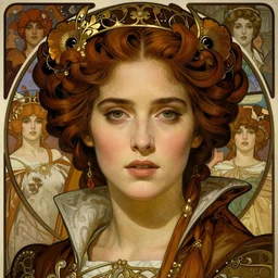 realistic detailed face portrait of Jennifer Connelly as a beautiful young medieval queen by Alphonse Mucha, Ayami Kojima, Amano, Charlie Bowater, Karol Bak, Greg Hildebrandt, Jean Delville, and Mark Brooks, Art Nouveau, Neo-Gothic, gothic, rich deep moody colors