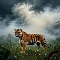 thick clouds, smoke,!!! colorized, tiger jungle prism, dramatic light, ultrafine, hyperrealistic, 3 2 k, 3 5 mm film still, movie