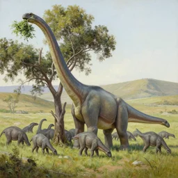 beautiful highly detailed oil painting of a herd of diplodocus eating trees in a hilly grassy plain, by greg rutkowski, 4 k resolution