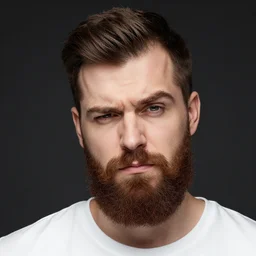 a bearded man with a very skeptical expression, one raised eyebrow, head tilted downward, professional photography, studio lighting, dark background