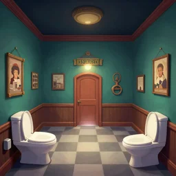 A beautiful artwork illustration, a videogame level in a small toilet-themed museum escape room, featured on artstation, wide angle, horizontal orientation