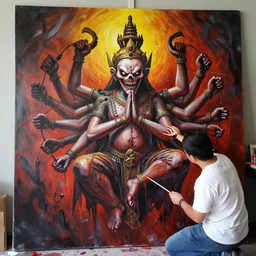 a photo of a scary multi armed machine painting a painting
