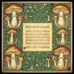 a medieval persian miniature painting of mushrooms, mycelium, and circuit boards, light yellow and green, highly detailed, fantasy, illuminated sacred text with writing in the middle
