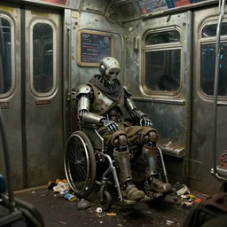 dystopia movie poster of old disabled cyborg homeless, sit in dirty cyberpunk subway car, detail garbage on ground, made by ilm and weta digital, painted by thomas eakins, highres textures, ambient occlusion, volumetric light, raytracing