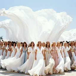 bright 1 9 7 0's artistic technicolor spaghetti western film, a large huge group of women in a giant billowing wide long flowing waving shining bright white dresses made of white smoke, standing inside a green mossy irish rocky scenic landscape, huge waterfall, volumetric lighting, backlit, atmospheric, fog, extremely windy, soft focus