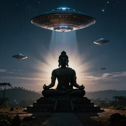 Film still of silhouette of indian statue, sukhasana, starry sky with flying saucer, ufo, ufo, ufo, with radiating hill, full shot