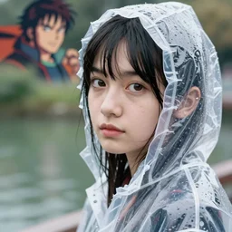 Kodak Portra 160, 8K, highly detailed, seinen manga 3/4 closeup portrait, eye contact, focus on clear transparent see through raincoat model, tilt shift background: famous blade runner anime remake, pond scene