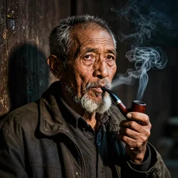 hyper realistic color photo, portrait of a weathered old man smoking pipe, dramatic shadow!!, full colour, upscale, 8 k, masterpiece