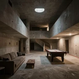 photograph of a new finished basement of a middle class home with a couch and a pool table, empty, lights off, light from upstairs, dark corners, massive long twisting hallways, strange architecture, creepy, void