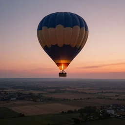 elevated view of hot air balloon in flight, rule of thirds, rural setting in distance, sunset (pink orange grey), golden hour, Photorealistic, establishing shot, cinematic lighting, , dramatic lighting, atmospheric, realistic, octane render, highly detailed, color graded, matte painting in the style of simon stalenhag