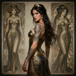 tattooed empress queen samara character sheet, character design,, contrast, deep focus, turnaround, highly detailed, dramatic lighting, digital painting, artstation, concept art, matte, sharp focus, illustration, elegant, kim jung gi, art by artgerm and greg rutkowski and alphonse mucha.