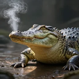 a masterpiece of a crocodile with steam coming from it's nostrils, cinematic, fantasy, hyper detailed, digital painting, 4 k realistic, trending on artstation, sharp focus, john banovich, photographer art wolfe, light source on left