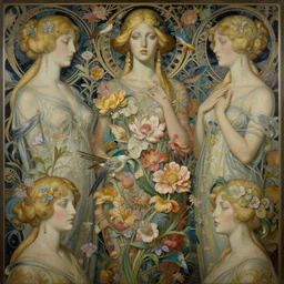 breathtaking detailed concept art painting art deco pattern of blonde faces goddesses amalmation flowers and blend of flowers and birds, by hsiao - ron cheng and john james audubon, bizarre compositions, exquisite detail, extremely moody lighting, 8 k