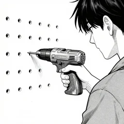 close-up scene neighbor drilling grid holes in a room, manga, black and white manga horror in style of junji ito, kentaro miura