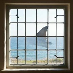 a mullioned window through which you can see the sea with shark fins