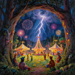 closeup of a night carnival inside a tree cavity in a magical forest in the middle of a summer storm, with a music scenario with many fireworks and christmas lights, volumetric lightning, instense god rays in the sky, folklore people disguised with fantastic creatures in a magical forest by summer night, masterpiece painted by norman rockwell, very coherent and colorful high contrast masterpiece,