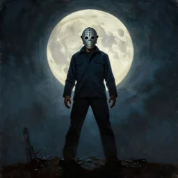 portrait, very centered jason voorhees standing on a hill, powerful pose, scary, horror, giant moon, dramatic sky, shadows on side, cinematic, side light, backlighting, oil painting by frazetta