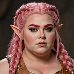 fantasy character portrait photo. female dwarf. short, broad, extremely robust. broad face resembles cara delevingne but very squat. wide face, androgynous but pretty. elaborately braided orangepink hair. long sidebuns, downy cheeks. thick bushy groomed red eyebrows with multiple piercings. tan leather vest, bare bodybuilder shoulders. kohl, lipgloss