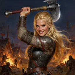 an ultradetailed portrait of a beautiful and tough looking blonde viking woman, holding a battleaxe above her head, fantasy, intricate, elegant, highly sharp focus, illustration, digital painting, smiling playfully, burning village in the background, night time raid, 8 k, artstation, fine detail, art by frank frazetta and john collier and albert aublet and krenz cushart and artem demura and alphonse mucha