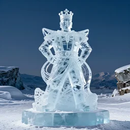 a professional studio photography of a glossy shiny sparling chiseled ice - sculpture of a king in a snowy landscape
