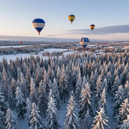 aerial photography, lapland, cannon snow covered trees, hot air balloons, dusk
