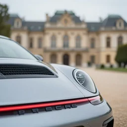 closeup photo of a porsche 911 standing in a beautiful palace, dof, chromatic aberration