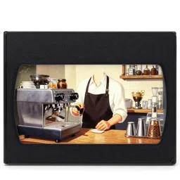 vhs cover, 1 9 8 3, horror, coffee shop, espresso machine, barista with no eyes, designed by charles burns