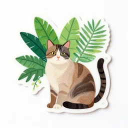 one cat and tropical plant illustration vinyl sticker, gouache, one sticker, sharp, clear focus, high quality, studio lighting, trending on instagram, product