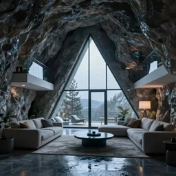 a futuristic apartment interior in the style of a cave, wet, cold moody lighting, large triangle window, wide angle lens, trending on artstation, 8k,